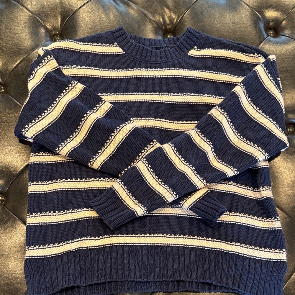 American Eagle Outfitters Navy and Cream Striped Crewneck Sweater
